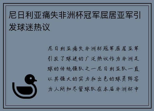 尼日利亚痛失非洲杯冠军屈居亚军引发球迷热议 尼日利亚痛失非洲杯冠军屈居亚军引发球迷热议
